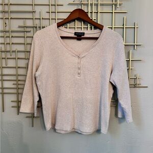 Ann Taylor Ribbed Henley Top Beige 3/4 Sleeve Cotton Stretch Size L